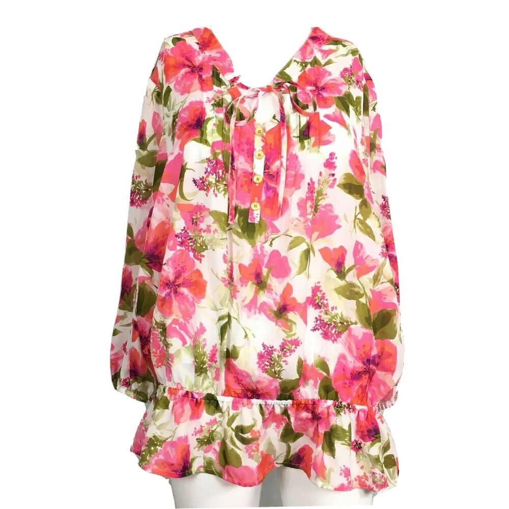 Jones New York Shirt Womens Sz L Pink Floral Chiffon Long Sleeve Tunic Top